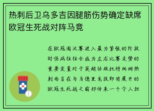 热刺后卫乌多吉因腿筋伤势确定缺席欧冠生死战对阵马竞