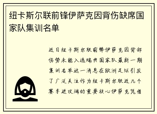 纽卡斯尔联前锋伊萨克因背伤缺席国家队集训名单